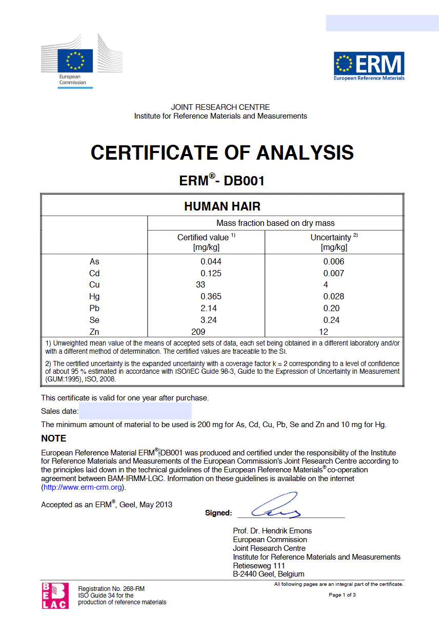 008-002-055 - Etalon cheveux humain - Exemple de certificat