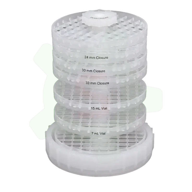 011-006-017 - Dispositif de portoirs à étages pour flacons 15 ml pour système de nettoyage en PFA 011-006-015. Peut accueillir jusqu'à 36 flacons de 15 ml et 27 bouchons répartis sur 7 portoirs. Diamètre 152 mm, hauteur 239 mm - peut se placer dans certains béchers de 4000 ml