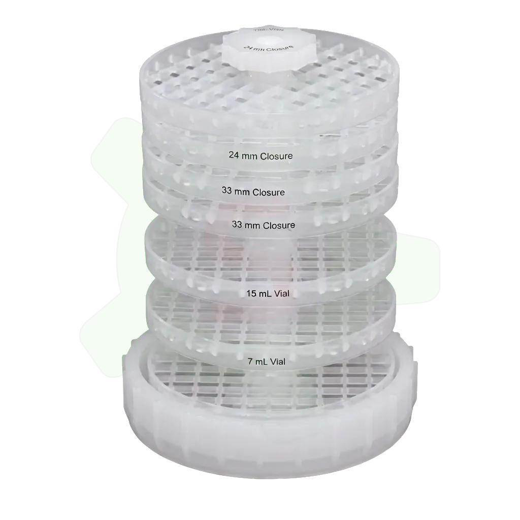 011-006-017 - Dispositif de portoirs à étages pour flacons 15 ml pour système de nettoyage en PFA 011-006-015. Peut accueillir jusqu'à 36 flacons de 15 ml et 27 bouchons répartis sur 7 portoirs. Diamètre 152 mm, hauteur 239 mm - peut se placer dans certains béchers de 4000 ml
