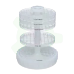 011-006-018 - Dispositif de portoirs à étages pour flacons 30 ml pour système de nettoyage en PFA 011-006-015. Peut accueillir jusqu'à 24 flacons de 30 ml et 18 bouchons répartis sur 5 portoirs. Diamètre 152 mm, hauteur 239 mm - peut se placer dans certains béchers de 4000 ml