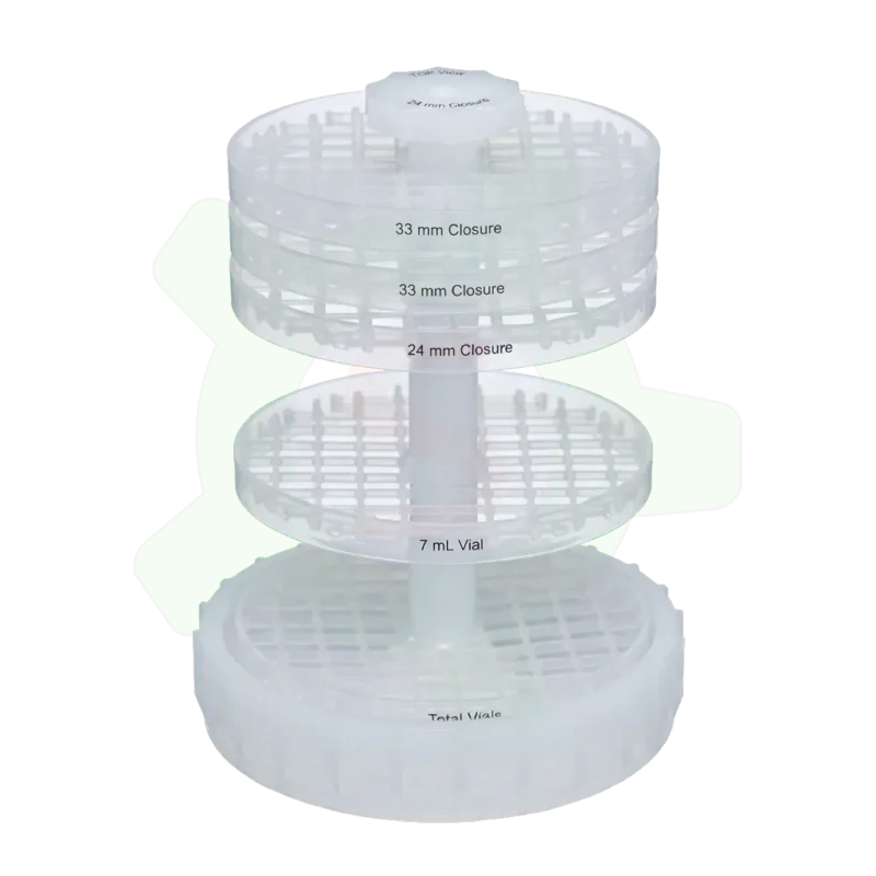 011-006-018 - Dispositif de portoirs à étages pour flacons 30 ml pour système de nettoyage en PFA 011-006-015. Peut accueillir jusqu'à 24 flacons de 30 ml et 18 bouchons répartis sur 5 portoirs. Diamètre 152 mm, hauteur 239 mm - peut se placer dans certains béchers de 4000 ml
