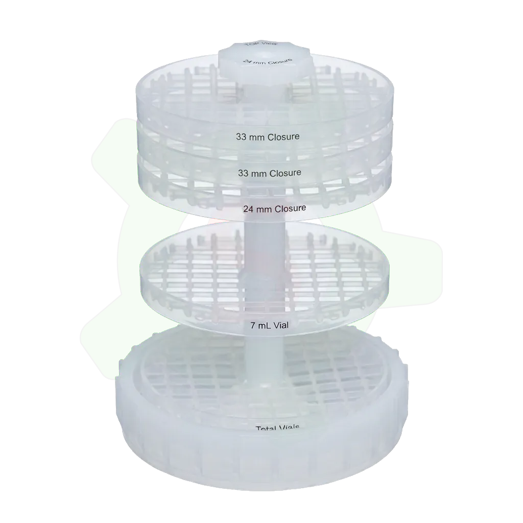 011-006-018 - Dispositif de portoirs à étages pour flacons 30 ml pour système de nettoyage en PFA 011-006-015. Peut accueillir jusqu'à 24 flacons de 30 ml et 18 bouchons répartis sur 5 portoirs. Diamètre 152 mm, hauteur 239 mm - peut se placer dans certains béchers de 4000 ml