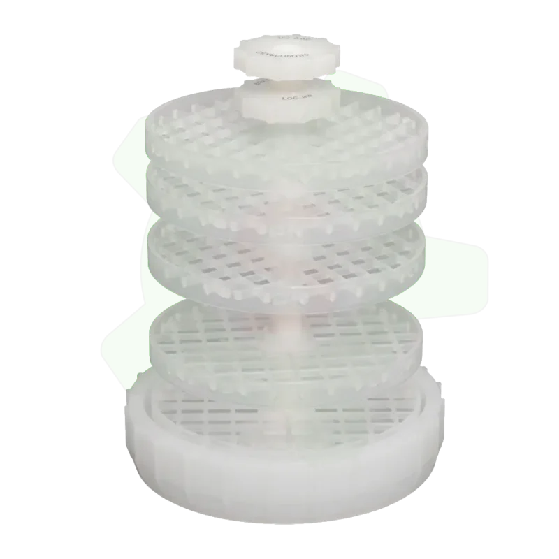 011-006-019 - Dispositif de portoirs à étages pour flacons pour système de nettoyage en PFA 011-006-015. Peut accueillir un nombre variable de flacons et de bouchons répartis sur 5 portoirs. Diamètre 152 mm, hauteur 239 mm - peut se placer dans certains béchers de 4000 ml