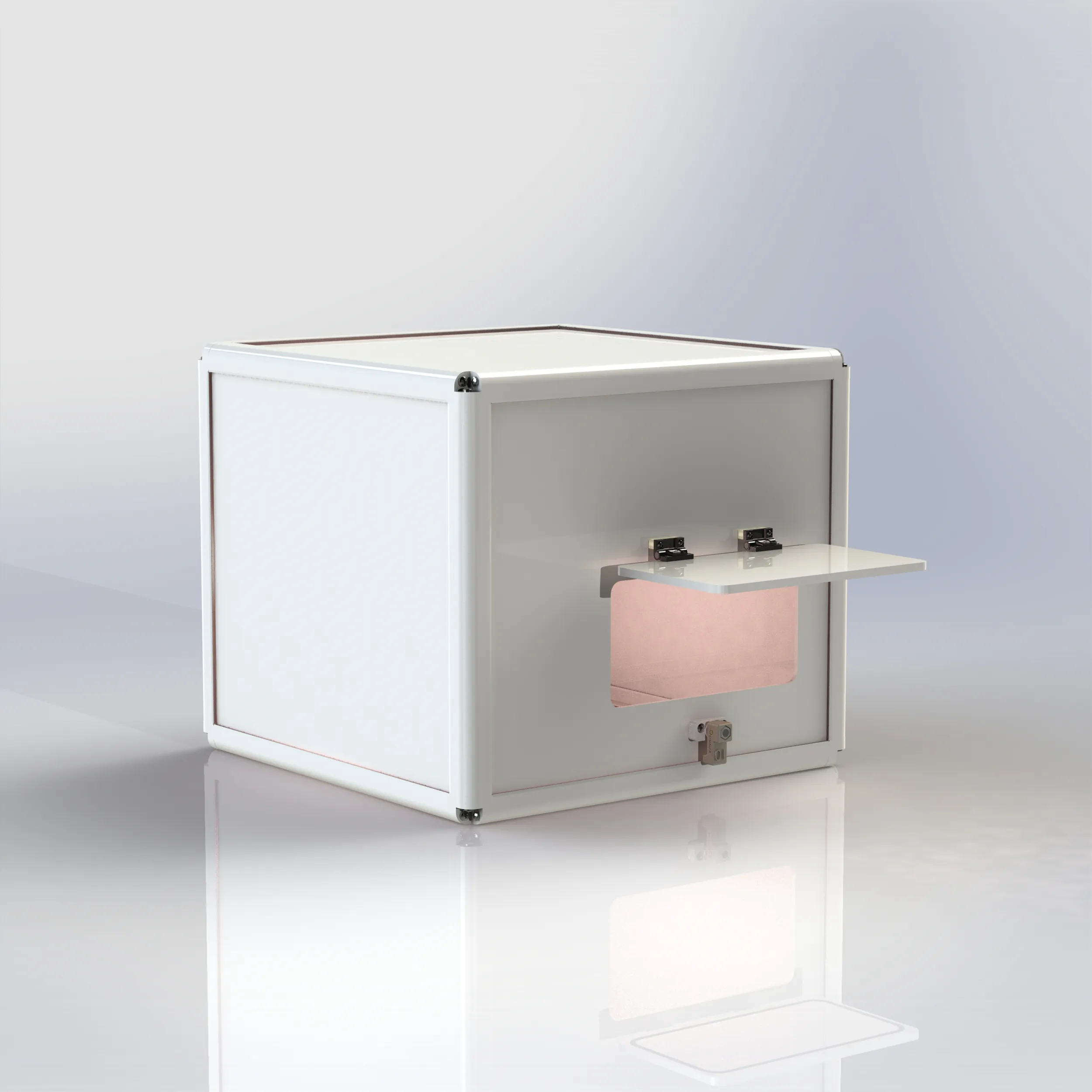 015-500-001 - Enceinte de protection PureProtec® V8 pour laser de chauffage Fusion Diode Teledyne Photon Machine (référence 500-060-001) - Dimensions internes utiles (LxPxH mm) : 570 x 570 x 500 mm - Parois en Aluminium RedBond® blanc de 6 mm et porte frontale pour accès échantillon en PVC blanc 10 mm.